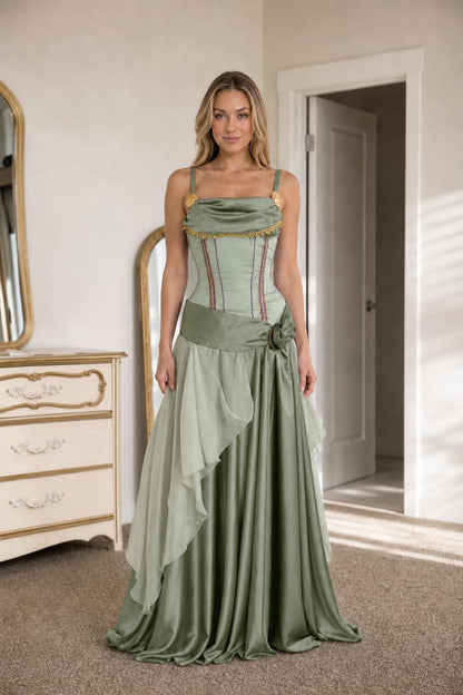 Renaissance medieval corset maxi dress in sage green