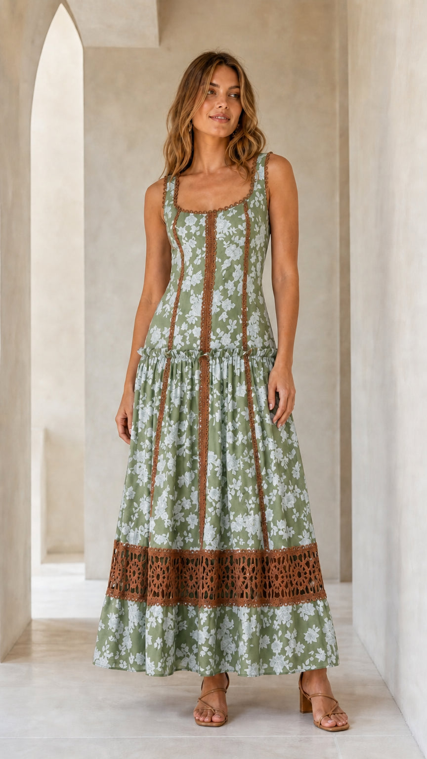 Front view of green floral maxi dress variant