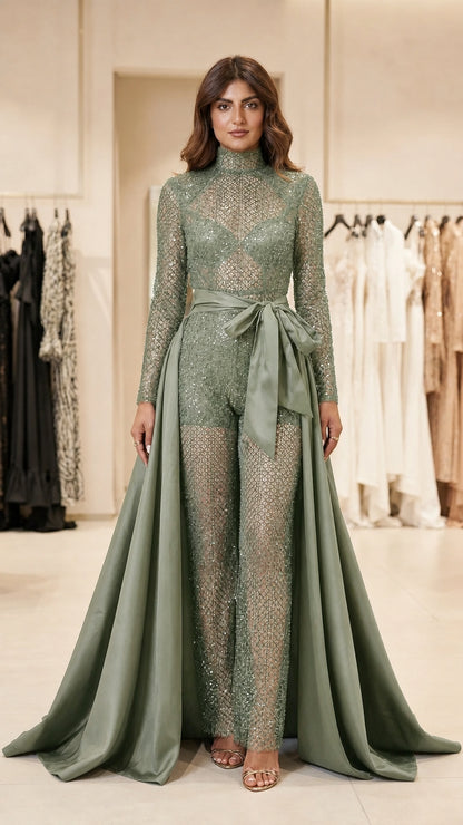 Front view of sage green sequin jumpsuit with matching satin overskirt