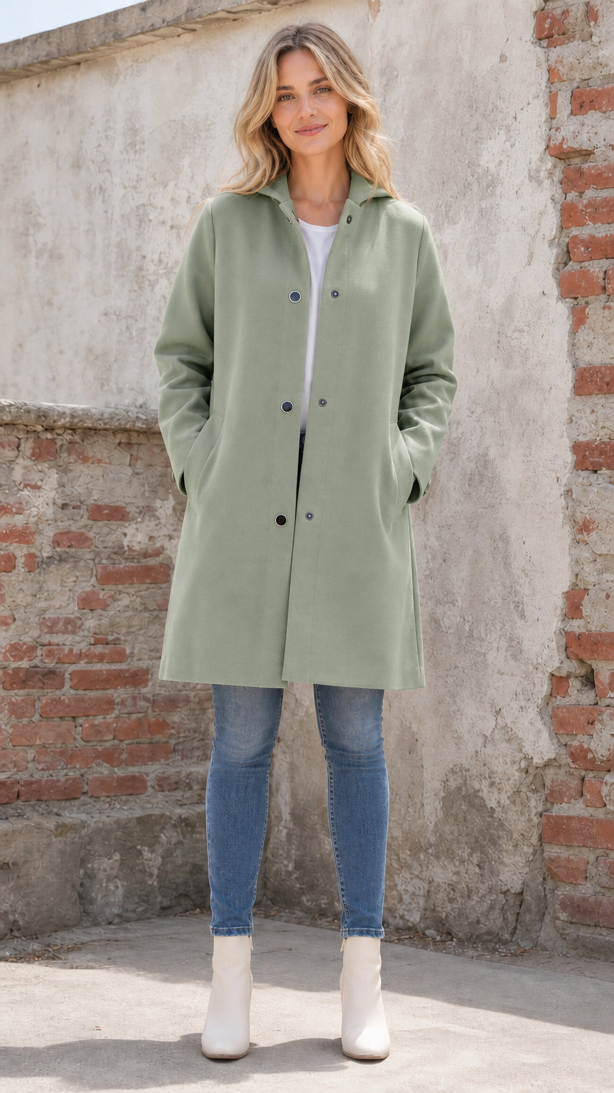 Front full view of woman wearing sage green hooded coat