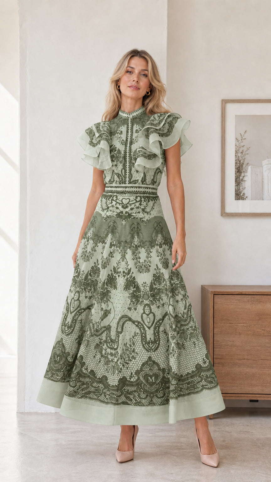 Full view of model wearing sage color variant