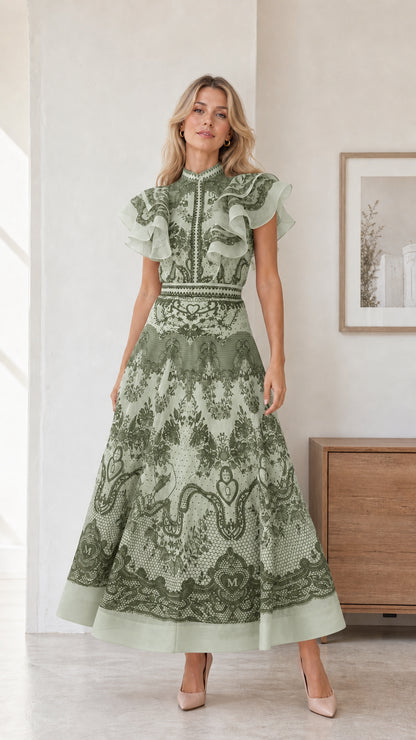 Full view of model wearing sage color variant