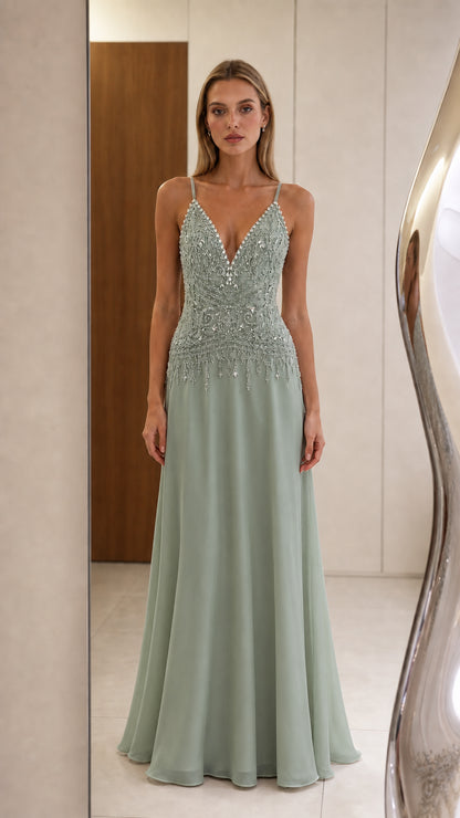Front view of sage green evening gown with sequin bodice