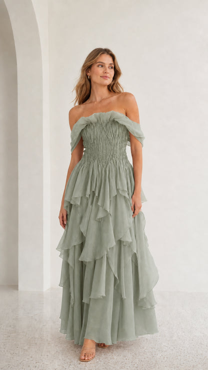 Front view of sage green off-shoulder tiered maxi dress