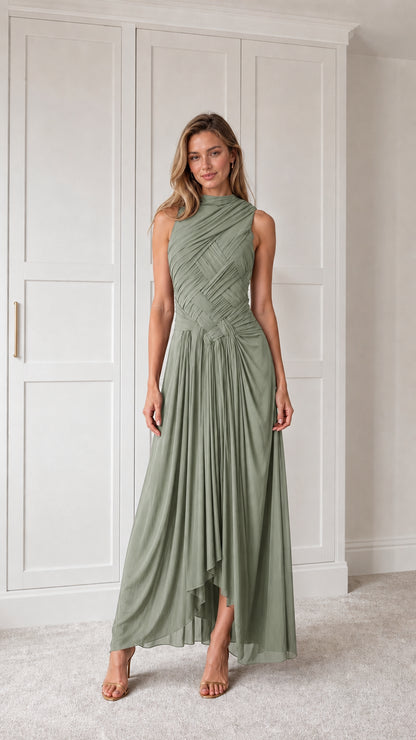 Front view of sage green pleated maxi dress