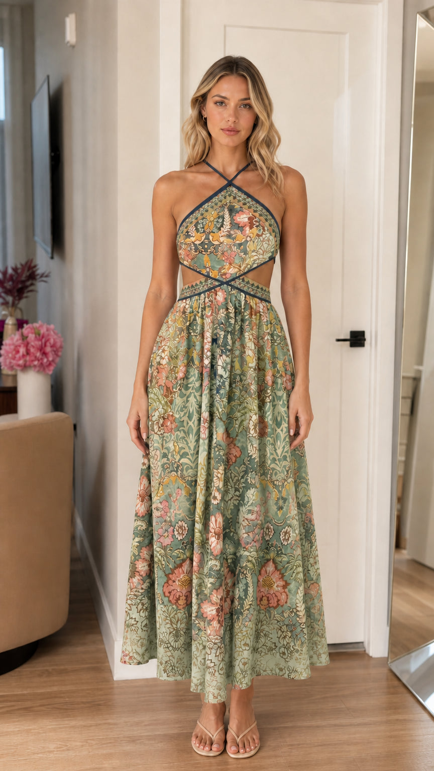 Front view of the maxi dress in sage