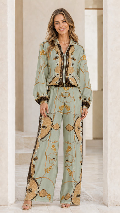 Model wearing sage barocco print two-piece set