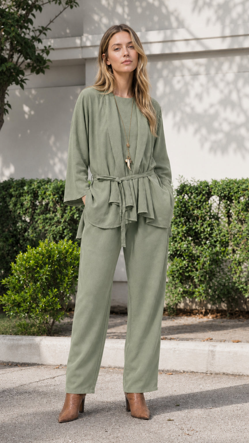 Woman wearing sage green two-piece tunic and pants set