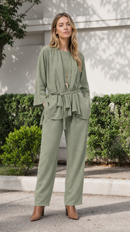 Woman wearing sage green two-piece tunic and pants set