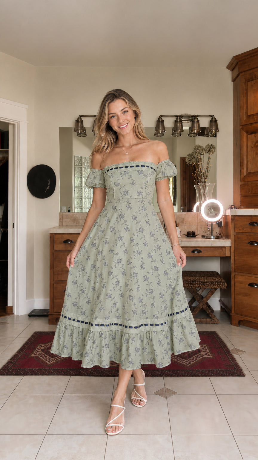Woman wearing sage green floral off-the-shoulder midi dress