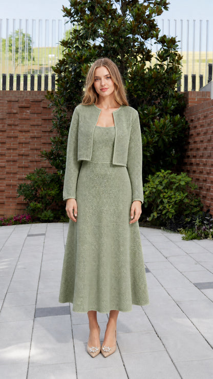 Full front view of model in sage green knit matching set
