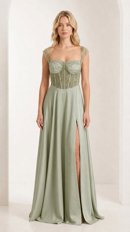 Front view of sage green corset evening gown