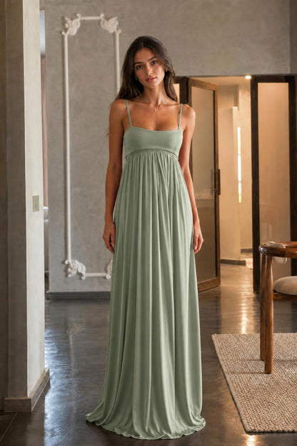 Full-length front view of sage green maxi dress