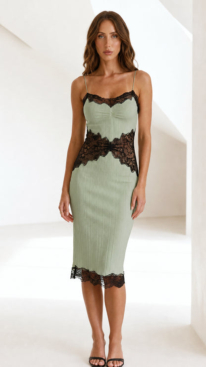 Front view of Sage lace trim midi cami dress