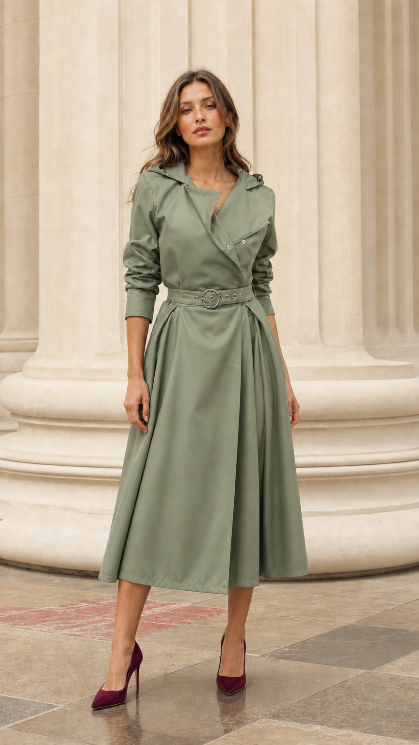 Front view of woman wearing sage green hooded trench dress