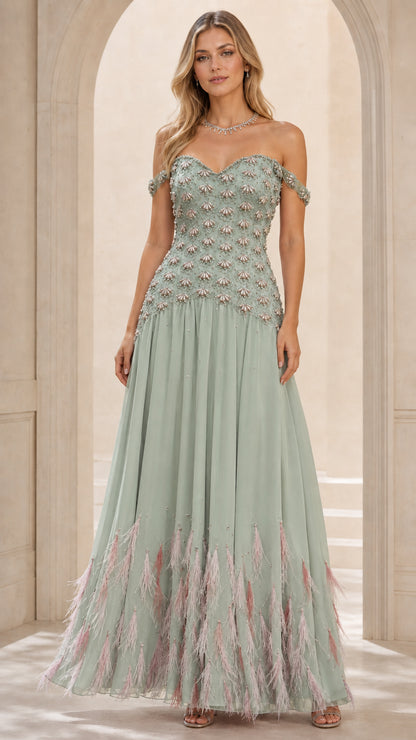 Front view of sage green evening gown with feathered hem