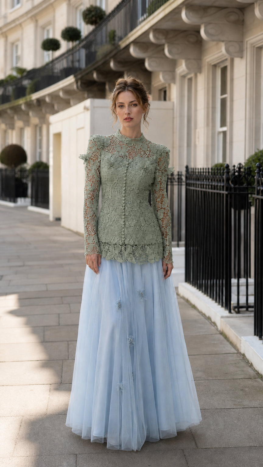 Full view of the sage green lace top paired with the light blue tulle skirt