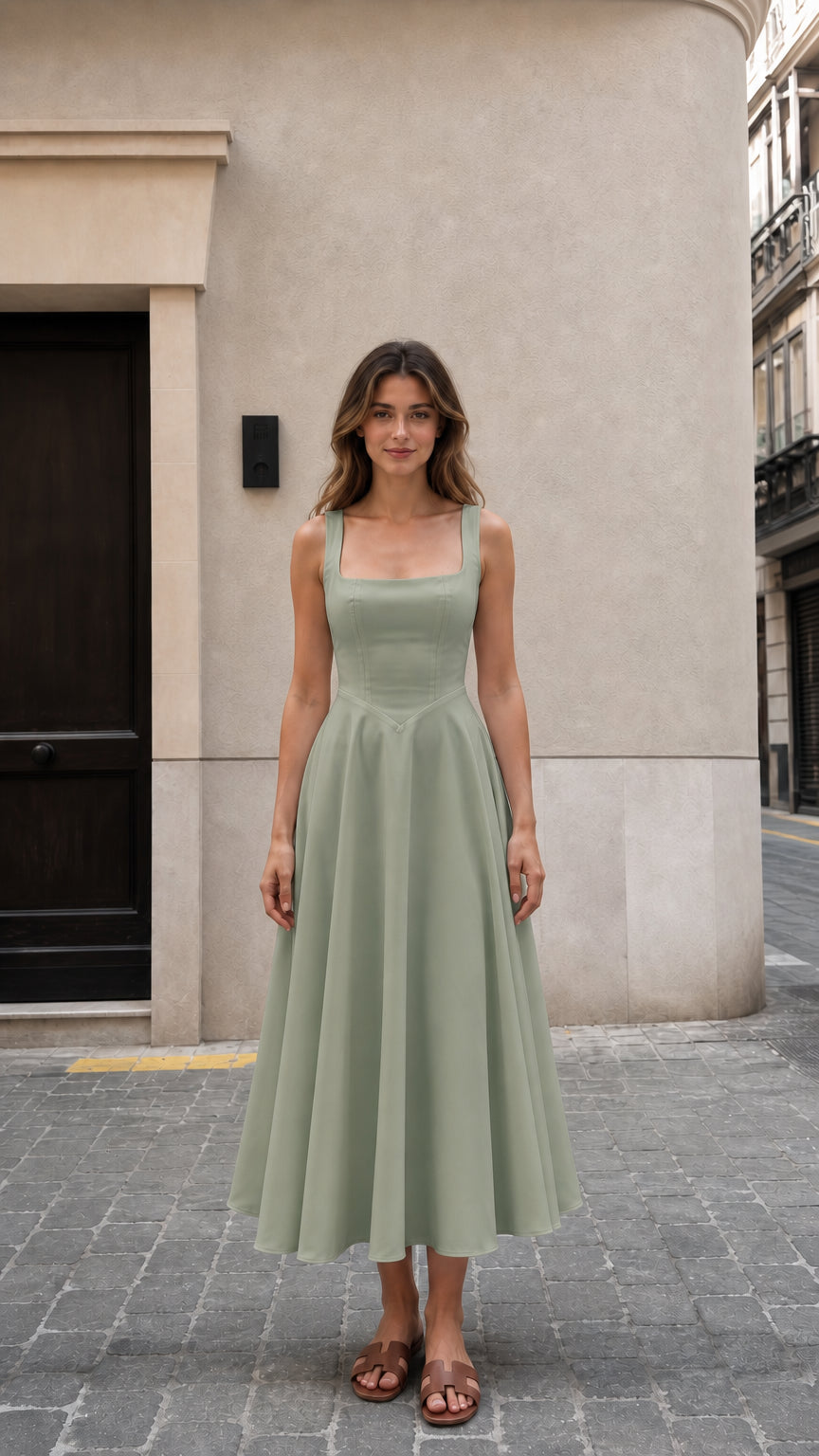 Front view of woman wearing sage green square neck midi dress