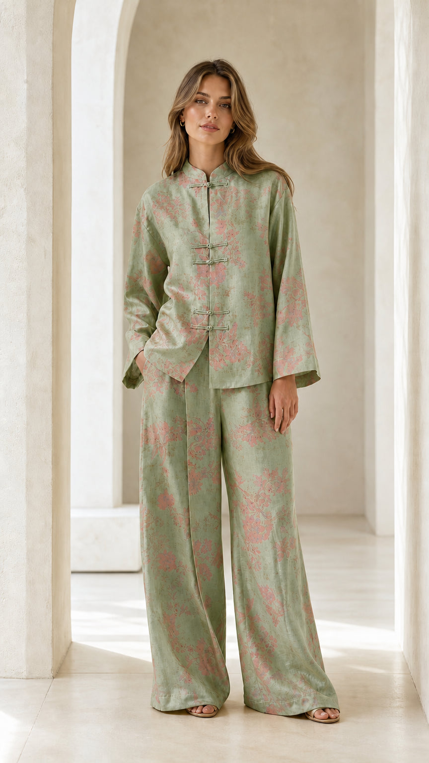 Front full view of woman wearing green floral two-piece set