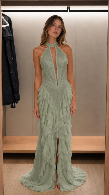 Front view of sage green halter neck beaded ruffle maxi dress