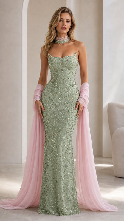 Front view of sage green sequin evening gown