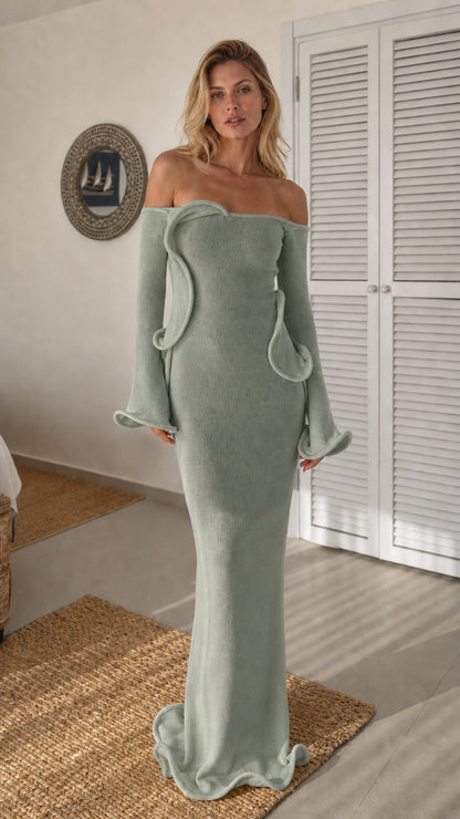 Front view of sage green off-shoulder ruffle knit maxi dress