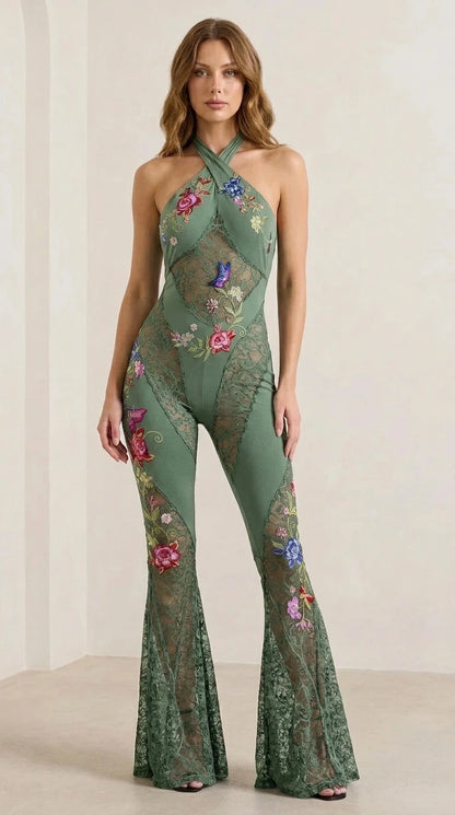 Sage green color variant of the floral embroidered lace jumpsuit