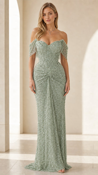 Front view of sage green off-shoulder sequin evening gown