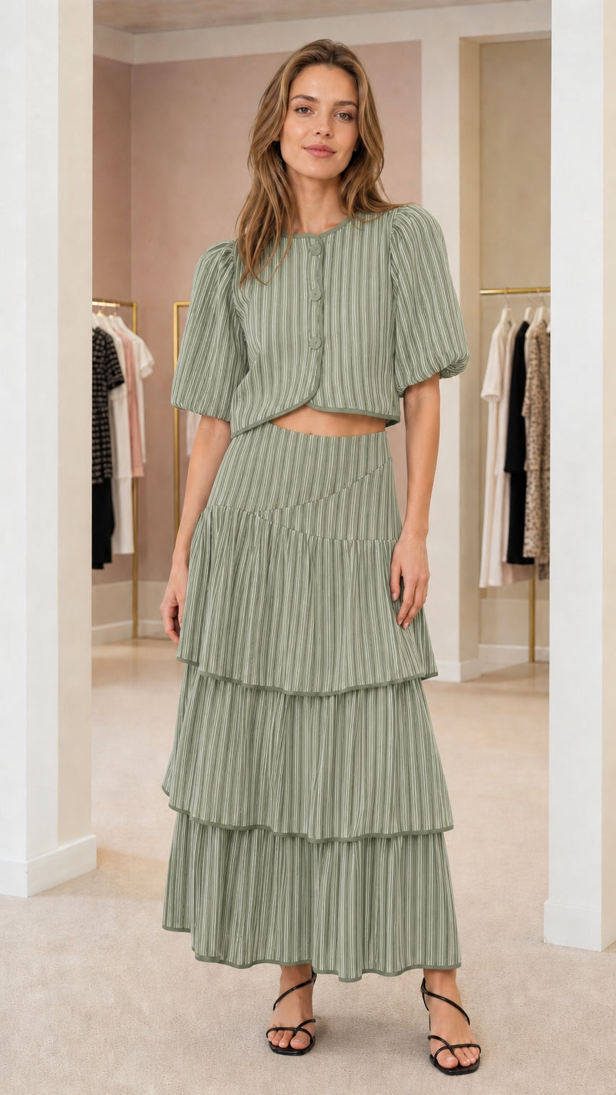 Front view of model wearing sage green pinstripe matching set