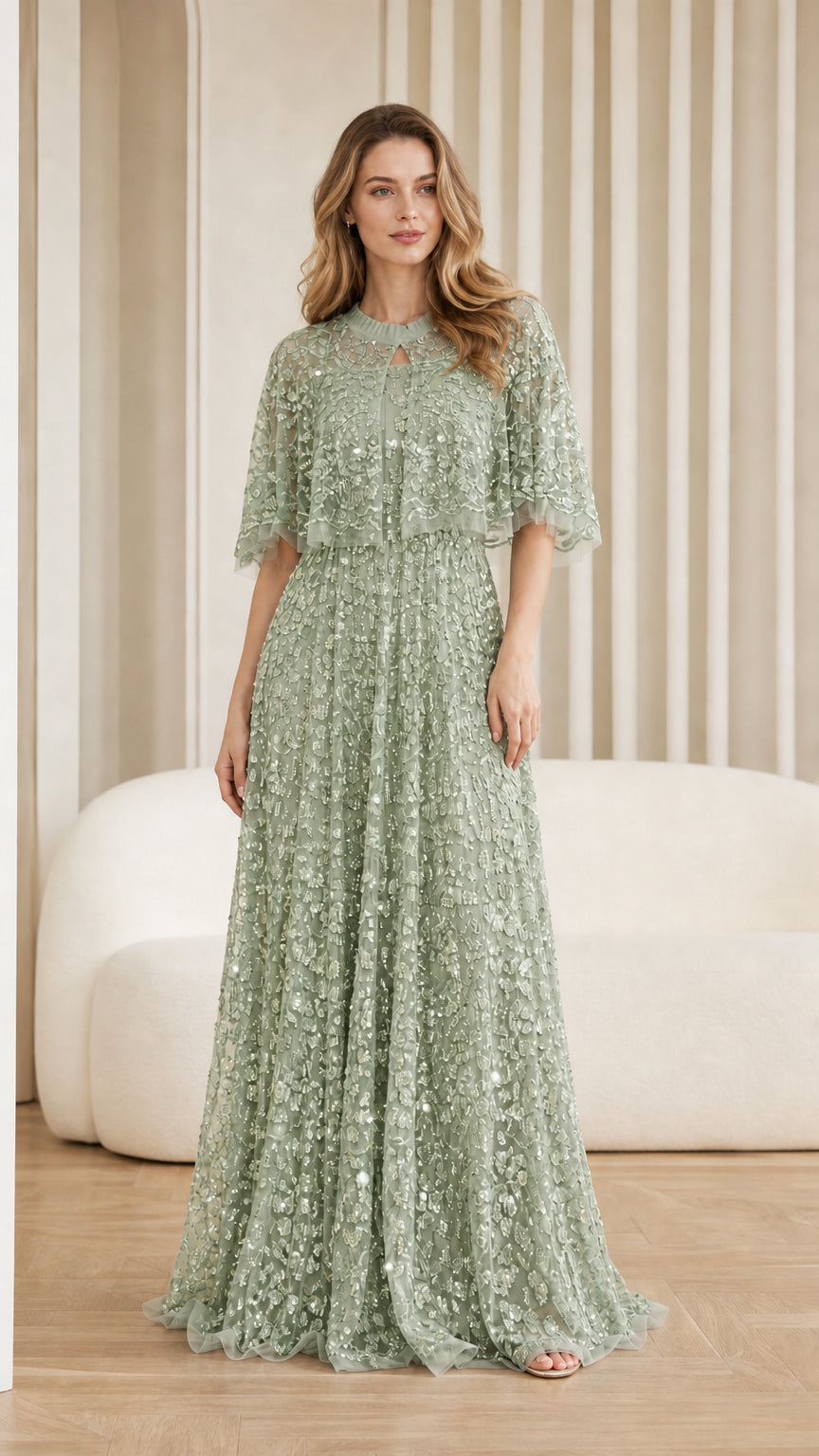 Front view of sage green sequin maxi dress