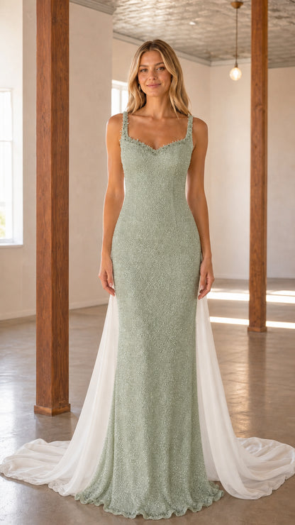 Front view of sage green evening gown variant