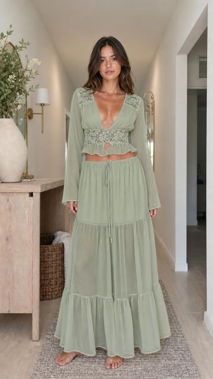 Model wearing sage green two-piece set