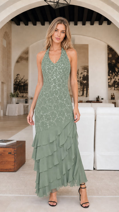 Sage green variant of the tiered ruffle maxi dress