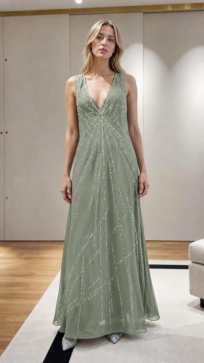 Model wearing Sage Green Beaded V-Neck Maxi Evening Dress
