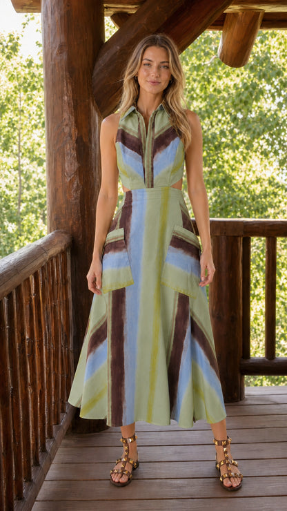 Front view of sage color variant of striped midi dress