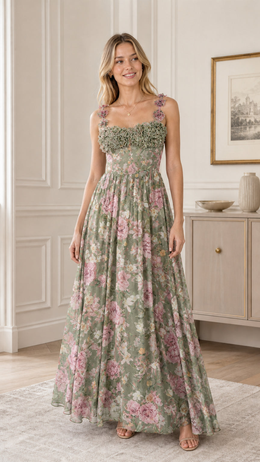 Floral Ruffle Applique Maxi Dress in Sage