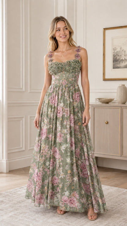 Floral Ruffle Applique Maxi Dress in Sage