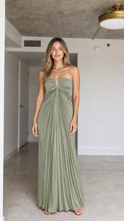 Front view of model wearing Sage Green halter pleated maxi dress