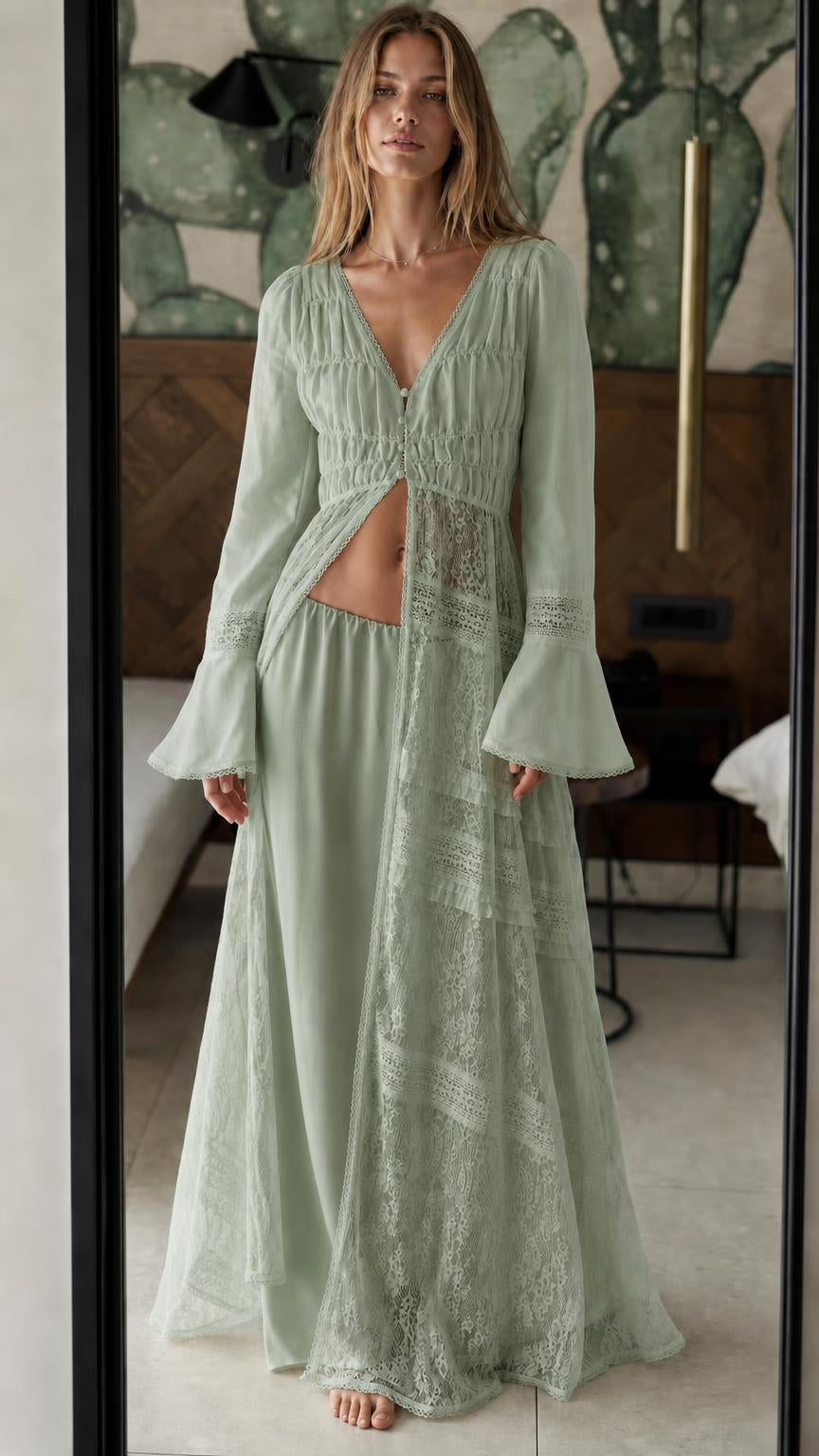Model wearing sage green bohemian lace two-piece set