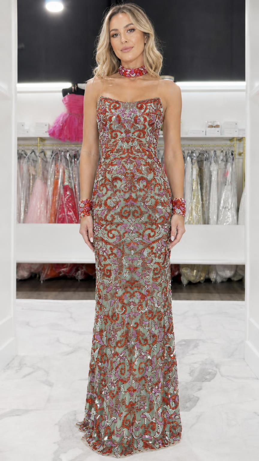 Sage green embellished strapless evening gown variant