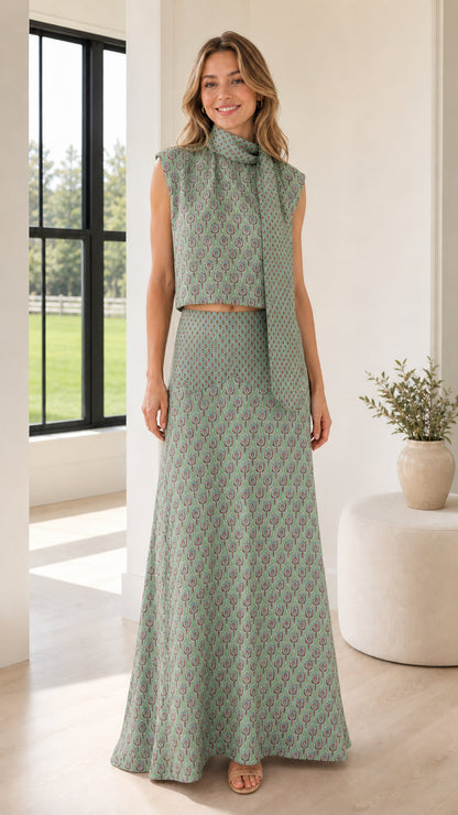 Front view of model wearing sage patterned two-piece set