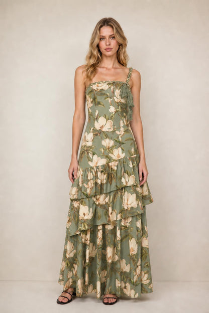 Front view of floral print tiered maxi dress in sage green
