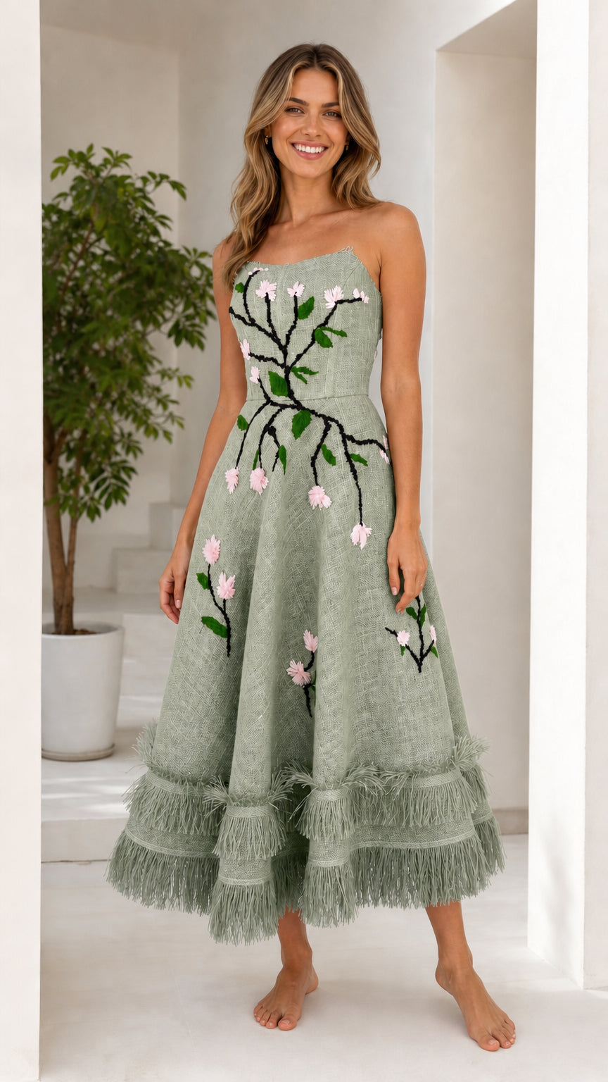 Front view of sage green floral embroidered strapless midi dress