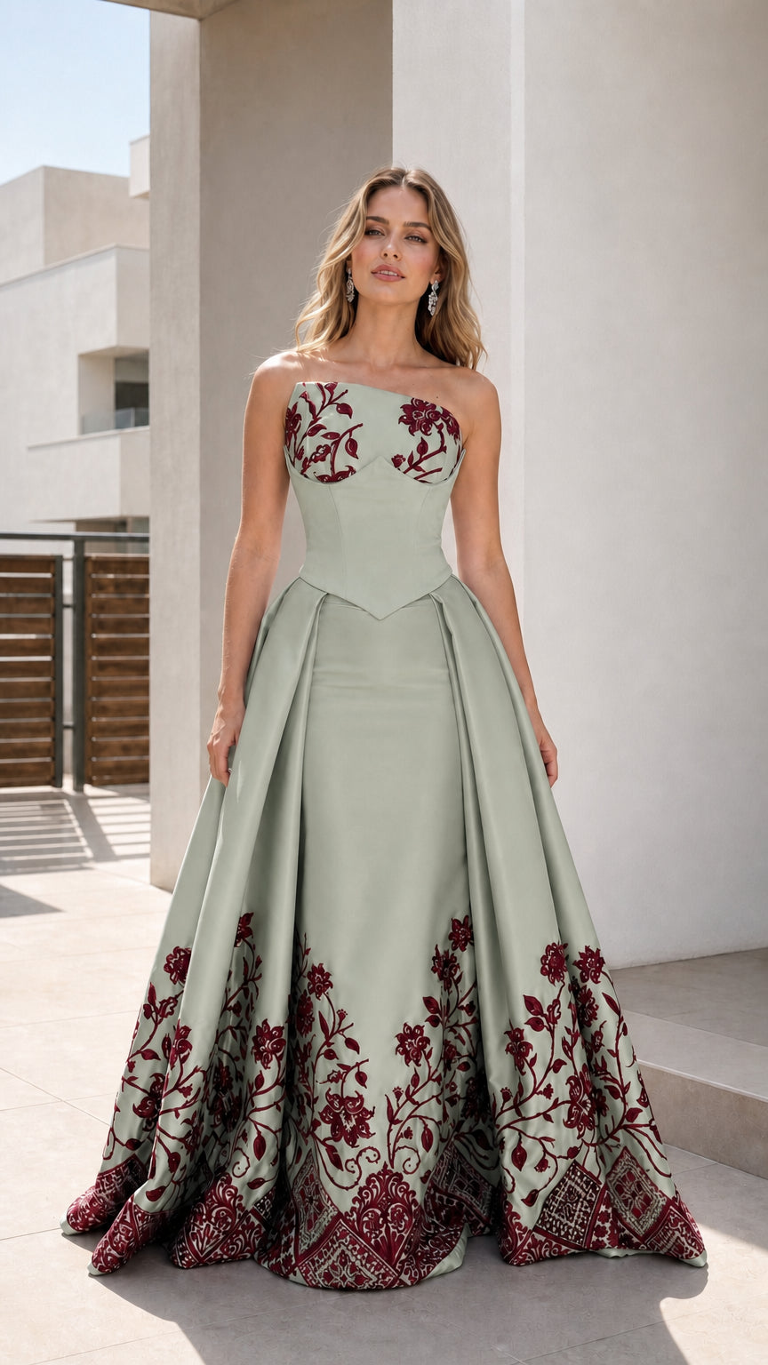 Sage green strapless floral ball gown shown from the front