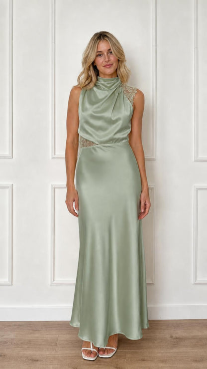 Front view of sage green satin maxi dress