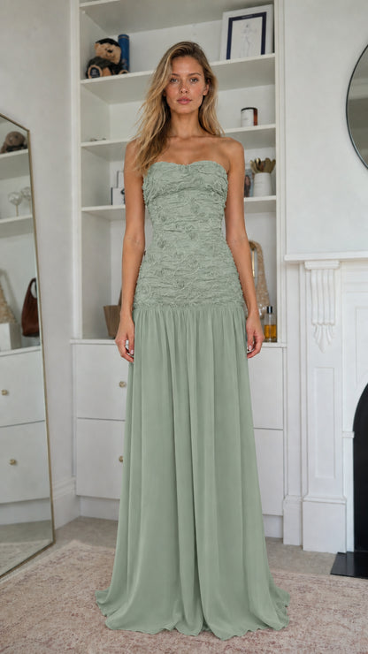 Elegance Strapless Textured Bodice Chiffon Maxi Dress in Sage