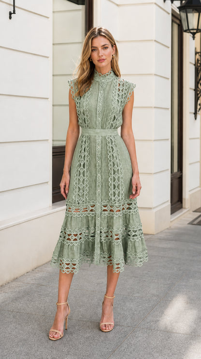 Front view of model wearing Sage Green lace midi dress