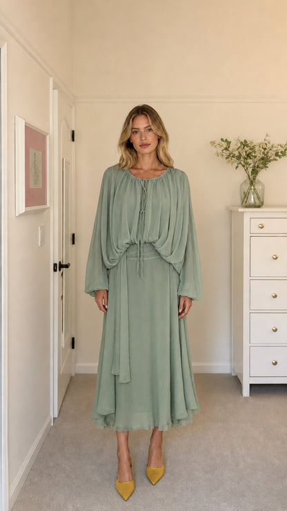 Model wearing sage green long-sleeve pleated midi dress