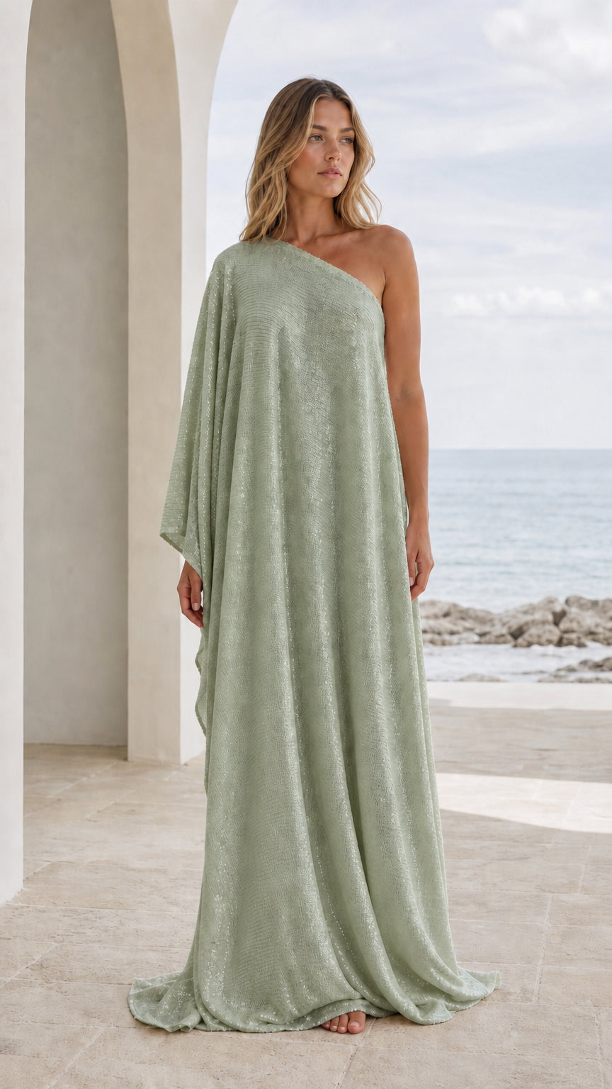 Front view of woman wearing sage green one-shoulder draped maxi kaftan dress
