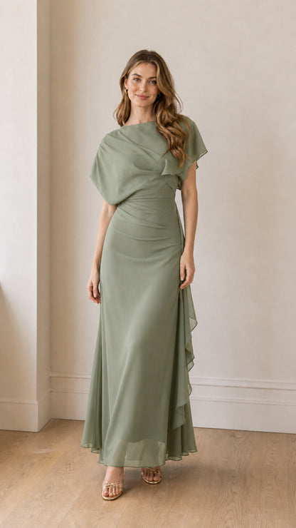 Front view of the sage green color variant of the maxi dress